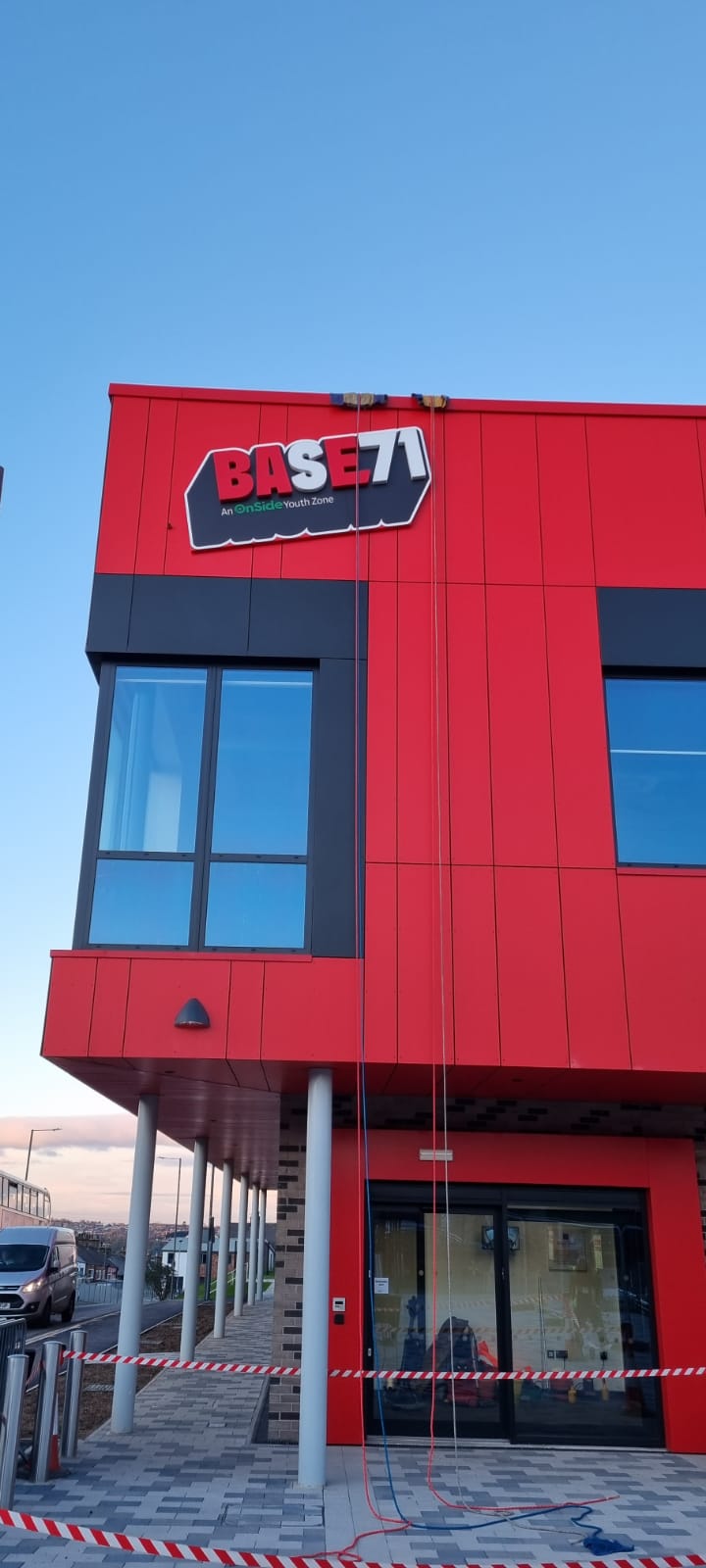 Base 71, Barnsley — sign above entrance on red cladding