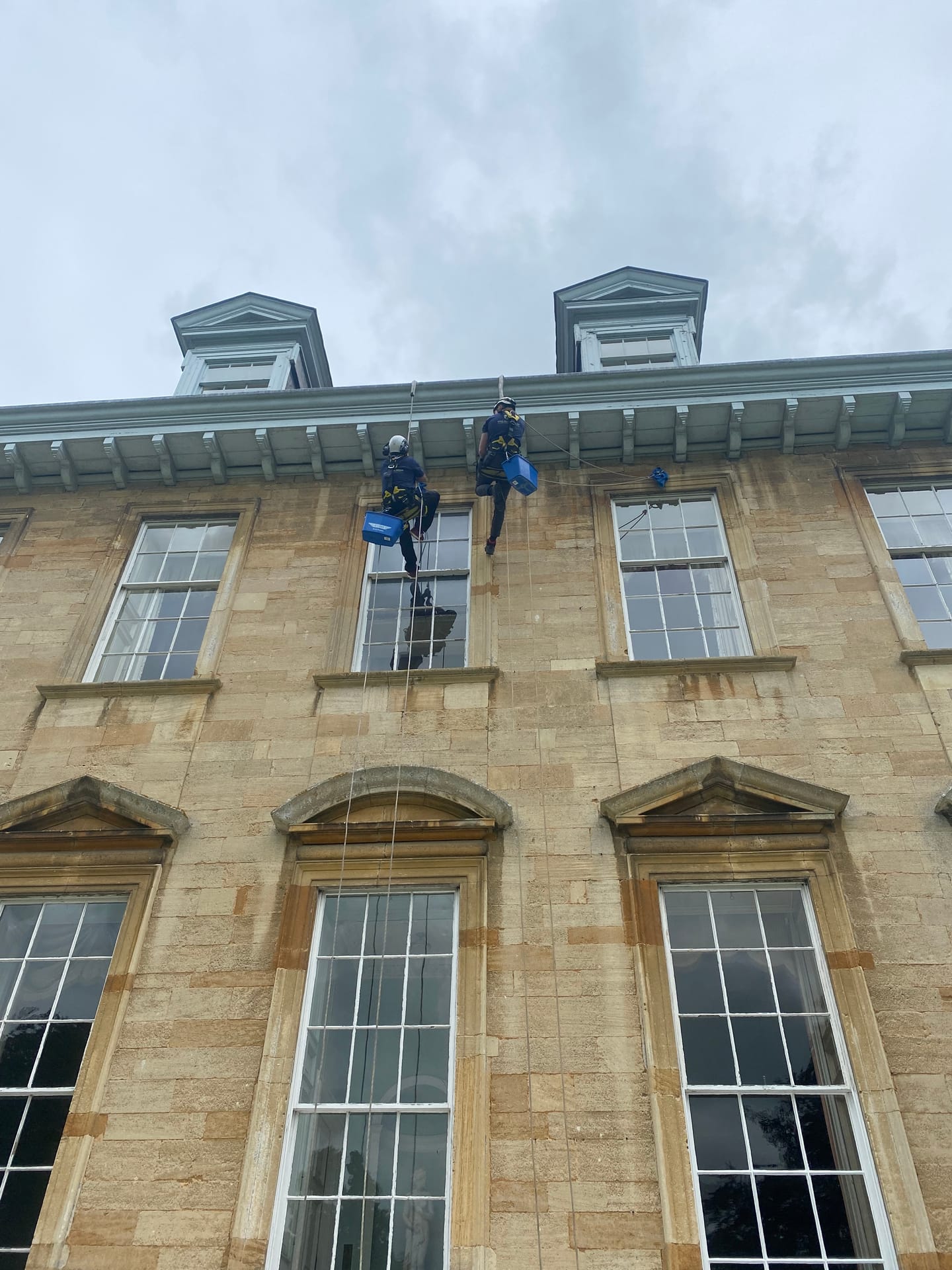 Rope Access conservation works at height — heritage country house leadwork