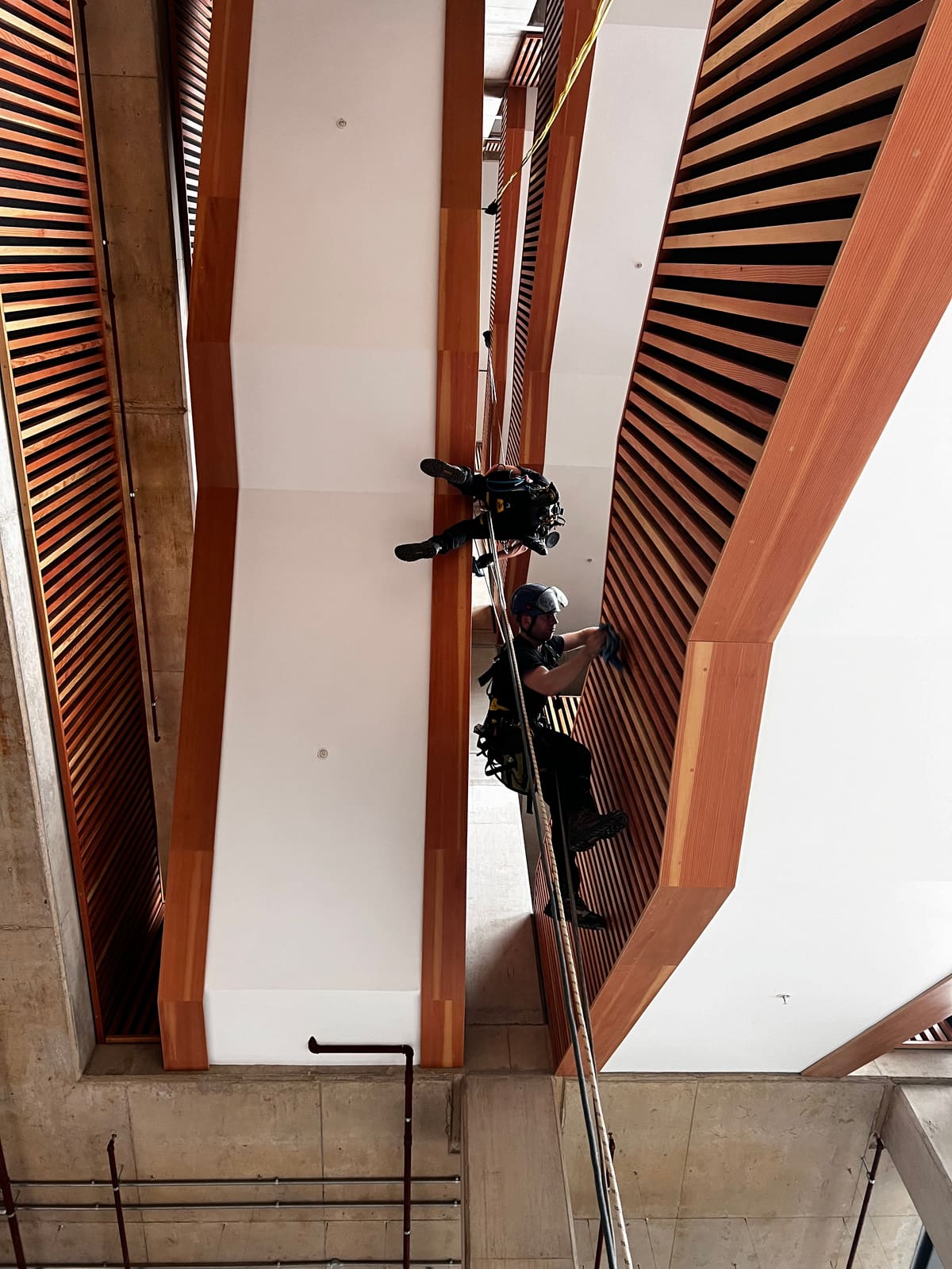 Rope Access construction works at height — atrium abseil