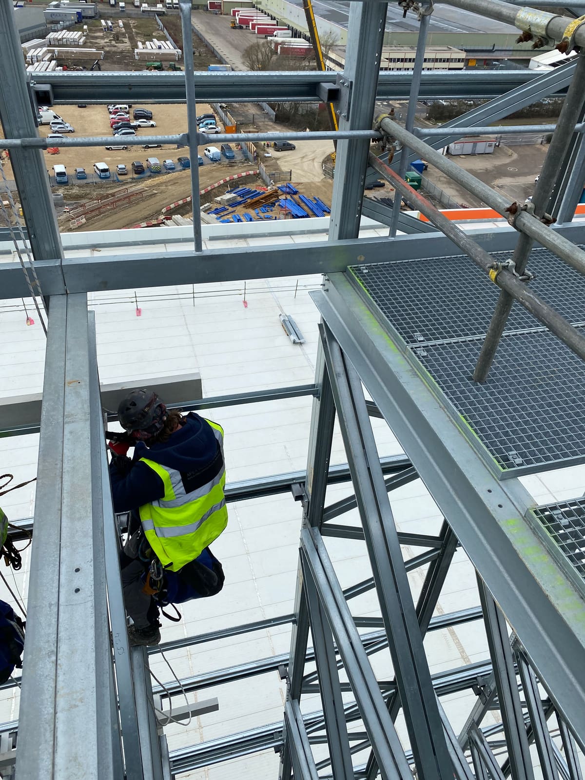 Rope Access construction works at height — steel frame
