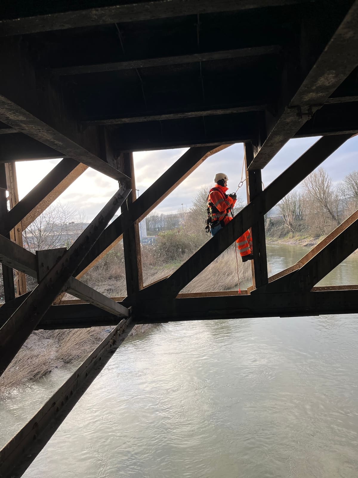 Rope Access road & rail works at height — steel bridge truss inspection